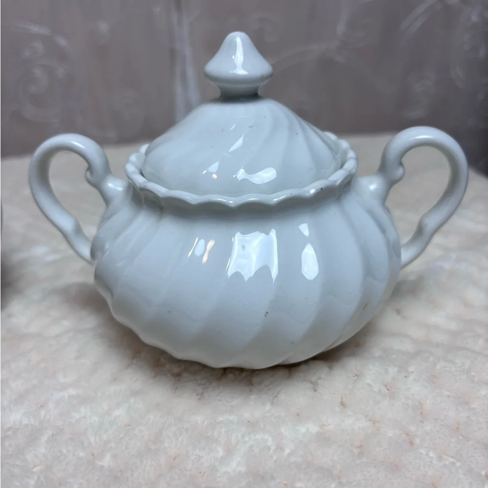 Vintage Johnson Brothers Snow White Swirl Sugar Bowl/w Lid and Creamer